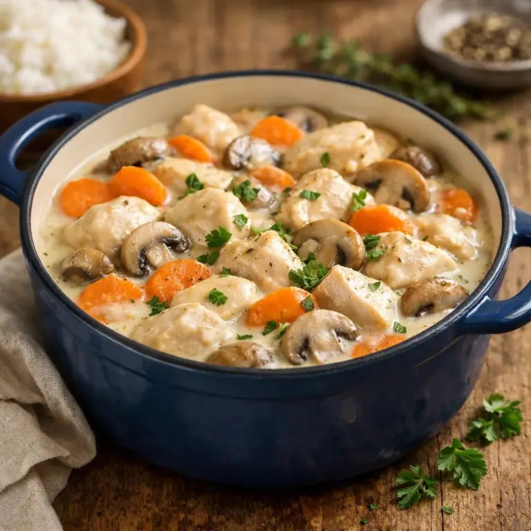 Blanquette di pollo cremosa senza vino con funghi e carote