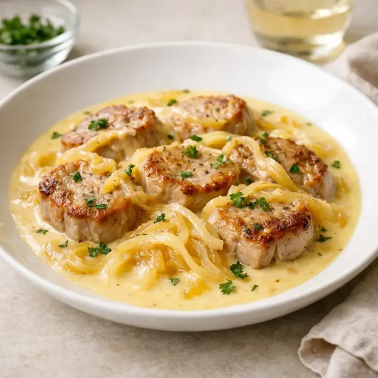 Filetto di maiale con crema di reblochon e cipolle caramellate